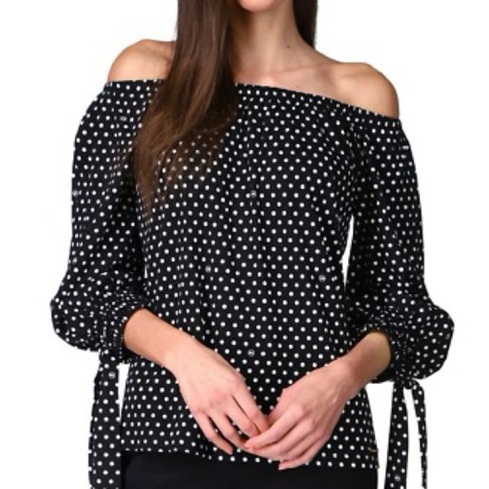 Michael Kors Black and White Polka Dot Off-Shoulder Blouse Size XS